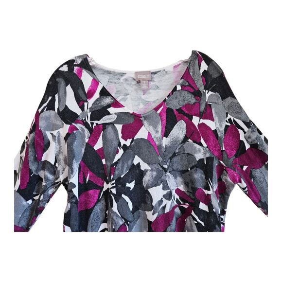 CHICO'S 1 Women's 8 10 Sweater Artsy Floral Purple Black Hint Of Cashmere 40" - Picture 2 of 7
